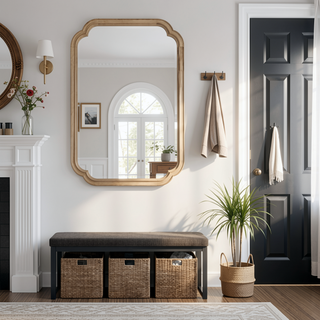 Sunvega Solid Wood Frame Rounded Corner Decorative Mirror for Bedroom Bathroom Living Room