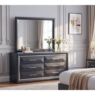 Sunvega Modern Black Wood Veneer Nightstand with Two Drawers for Bedroom