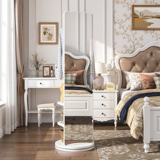 Sunvega 360° Rotating Full Length Mirror with Hook Storage Coat Rack Solid Wood Floor Mirror