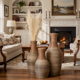 Sunvega Hand-Woven PVC Rattan Vases Set of 3 Brown Farmhouse Floor Decor