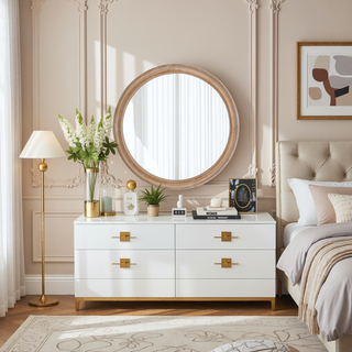 Sunvega 27.5 Inches Round Distressed Vintage Wooden Farmhouse Wall Mirror