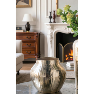 Sunvega Gold Aluminum Chisel Flower Vase with a Short Round Metallic Silhouette