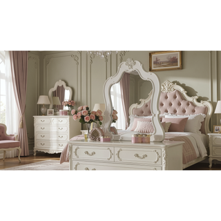 Sunvega Pearl White Finish Dresser with Scrolled Inlay Details and Spacious Drawers