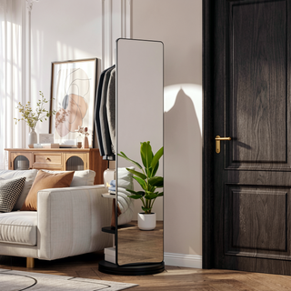 Sunvega 360° Rotating Full Length Mirror with Hook Storage Coat Rack Solid Wood Floor Mirror