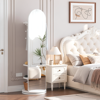 Sunvega 360° Rotating Full Length Mirror with Hook Storage Coat Rack Solid Wood Floor Mirror