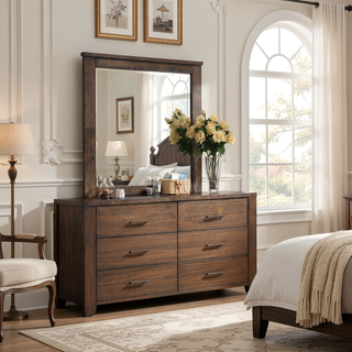 Sunvega Elegant Oak Nightstand with Two Spacious Drawers and Antique Brass Handles