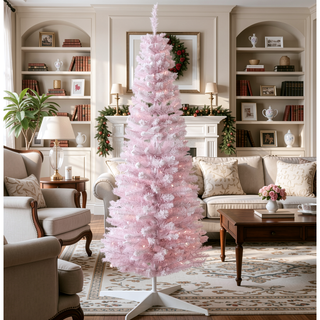 Sunvega Pencil Artificial Xmas Tree with Faux Snow Flocked Full Branch Tips Flame-retardant