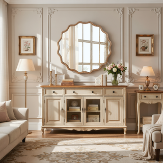 Sunvega Natural Wood Wavy Round Solid Wood Frame Decorative Mirror for Bedroom Bathroom