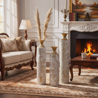 Sunvega Gilded White 3D Relief Flower Metal Cylinder Vase Set for Home Décor