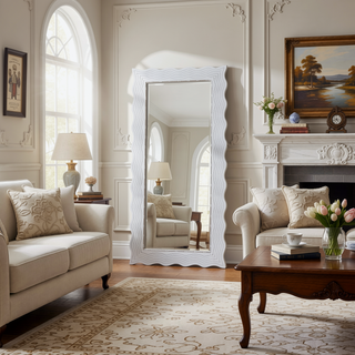 Sunvega Hand-Finished Distressed White Wood Mirror with Wavy Frame Edge 36x72 Inch