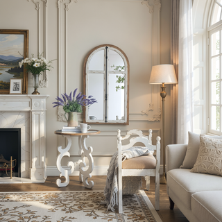 Sunvega Distressed White Arch Wood Wall Mirror Inspired by Window Frame