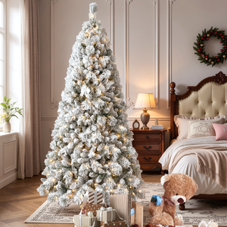 Sunvega Snowy Flocked 7FT Christmas Tree with 450 Warm White LED Lights and 1060 Tips