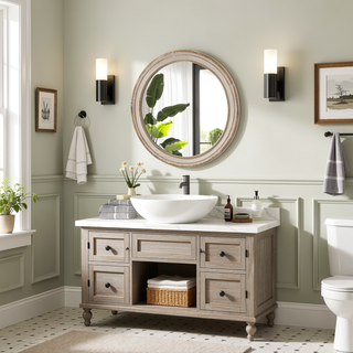 Sunvega 27.5 Inches Round Distressed Vintage Wooden Farmhouse Wall Mirror