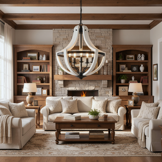 Sunvega 5-Light White Wood Chandelier Farmhouse Pendant and Ceiling Light Fixture