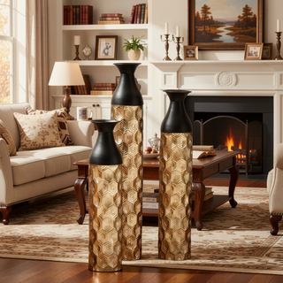 Sunvega Gilded White 3D Relief Flower Metal Cylinder Vase Set for Home Décor