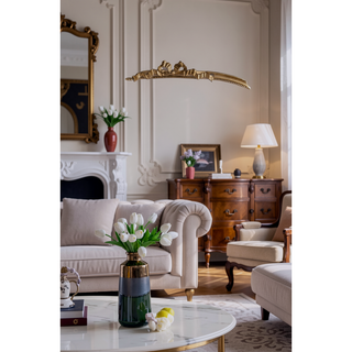 Sunvega Baroque Gold Arched Full Length Mirror with Scrollwork Crown for Living Room