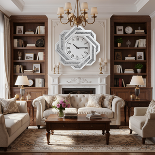 Sunvega Large Silver Mirror Wall Clock with Roman Numerals and Beveled Frame