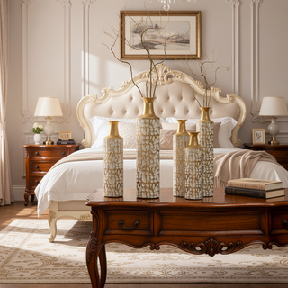 Sunvega Gilded White 3D Relief Flower Metal Cylinder Vase Set for Home Décor