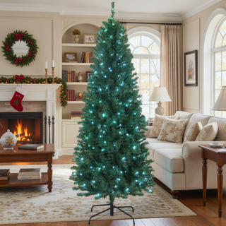 Sunvega Pencil Artificial Xmas Tree with Faux Snow Flocked Full Branch Tips Flame-retardant