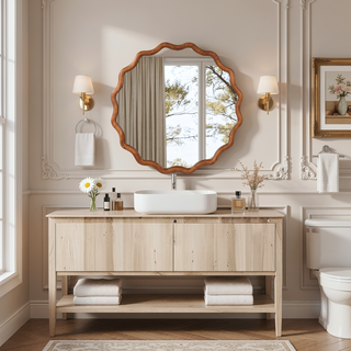 Sunvega Natural Wood Wavy Round Solid Wood Frame Decorative Mirror for Bedroom Bathroom