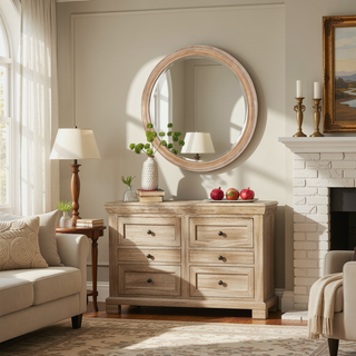 Sunvega 27.5 Inches Round Distressed Vintage Wooden Farmhouse Wall Mirror