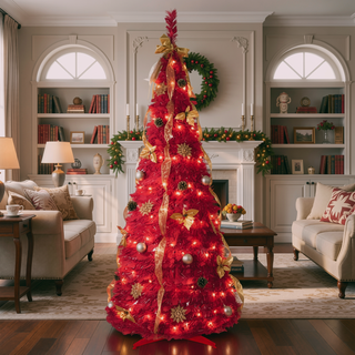 Sunvega 6FT Red Pop-Up Pre-Lit Christmas Tree with 150 Warm White LED Lights