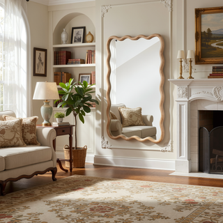 Sunvega Natural Wood Wavy Rectangle Solid Wood Frame Decorative Mirror For Any Room