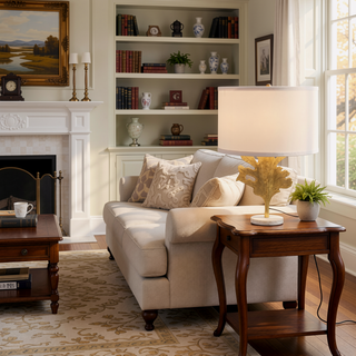 Sunvega Gold and White Leaf Design Table Lamp with Marble Base and Fabric Shade