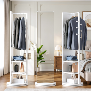 Sunvega 360° Rotating Full Length Mirror with Hook Storage Coat Rack Solid Wood Floor Mirror
