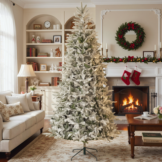 Sunvega Pencil Artificial Xmas Tree with Faux Snow Flocked Full Branch Tips Flame-retardant