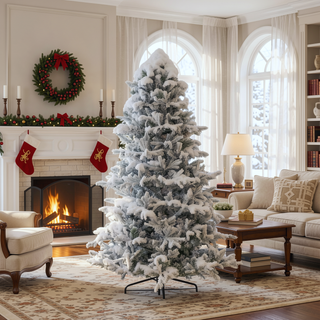 Sunvega Pencil Artificial Xmas Tree with Faux Snow Flocked Full Branch Tips Flame-retardant