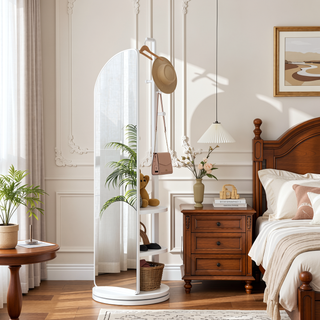 Sunvega 360° Rotating Full Length Mirror with Hook Storage Coat Rack Solid Wood Floor Mirror