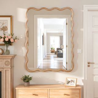 Sunvega Wavy Rectangle Solid Wood Frame Decorative Mirror with Clear Reflection for Bedroom