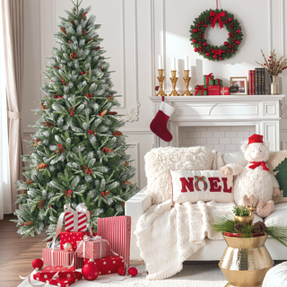 Sunvega Snow-Dusted Christmas Tree with Red Berries Pine Cones for Natural Holiday Decoration