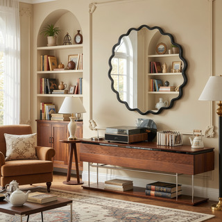 Sunvega Farmhouse Art Deco Wavy Wood Mirror Frame Wall Decor for Bathroom