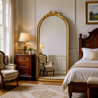 Sunvega Baroque Gold Arched Full Length Mirror with Scrollwork Crown for Living Room
