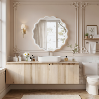 Sunvega Natural Wood Wavy Round Solid Wood Frame Decorative Mirror for Bedroom Bathroom