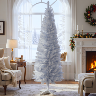 Sunvega Pencil Artificial Xmas Tree with Faux Snow Flocked Full Branch Tips Flame-retardant