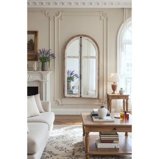 Sunvega Distressed White Arch Wood Wall Mirror Inspired by Window Frame