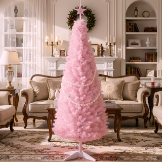 Sunvega Pencil Artificial Xmas Tree with Faux Snow Flocked Full Branch Tips Flame-retardant