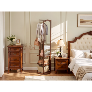 Sunvega 360° Rotating Full Length Mirror with Hook Storage Coat Rack Solid Wood Floor Mirror