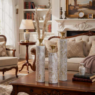 Sunvega Gilded White 3D Relief Flower Metal Cylinder Vase Set for Home Décor