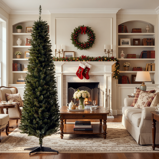Sunvega Pencil Artificial Xmas Tree with Faux Snow Flocked Full Branch Tips Flame-retardant