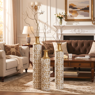 Sunvega Gilded White 3D Relief Flower Metal Cylinder Vase Set for Home Décor