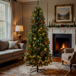 Sunvega Pencil Artificial Xmas Tree with Faux Snow Flocked Full Branch Tips Flame-retardant