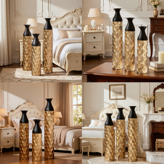 Sunvega Gilded White 3D Relief Flower Metal Cylinder Vase Set for Home Décor