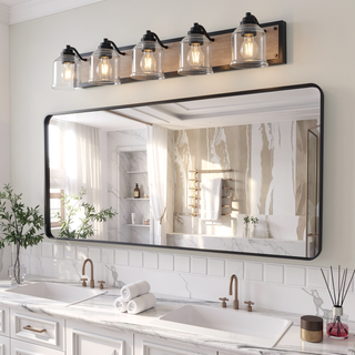 Sunvega Black and Wood Grain 5-Light Bathroom Vanity Fixture with Clear Seeded Glass Shades