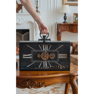 Sunvega Black Gold Roman Numeral Gear Clock with Glass Case for Desk Decor