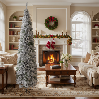Sunvega Pencil Artificial Xmas Tree with Faux Snow Flocked Full Branch Tips Flame-retardant