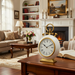 Sunvega Contemporary Off White & Gold Accent Table Clock for Desk or Shelf